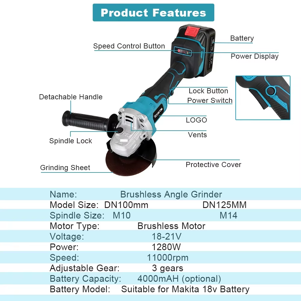 Amoladora angular de 125/100mm - Brushless Angle Grinder Battery Powered reseña y precio